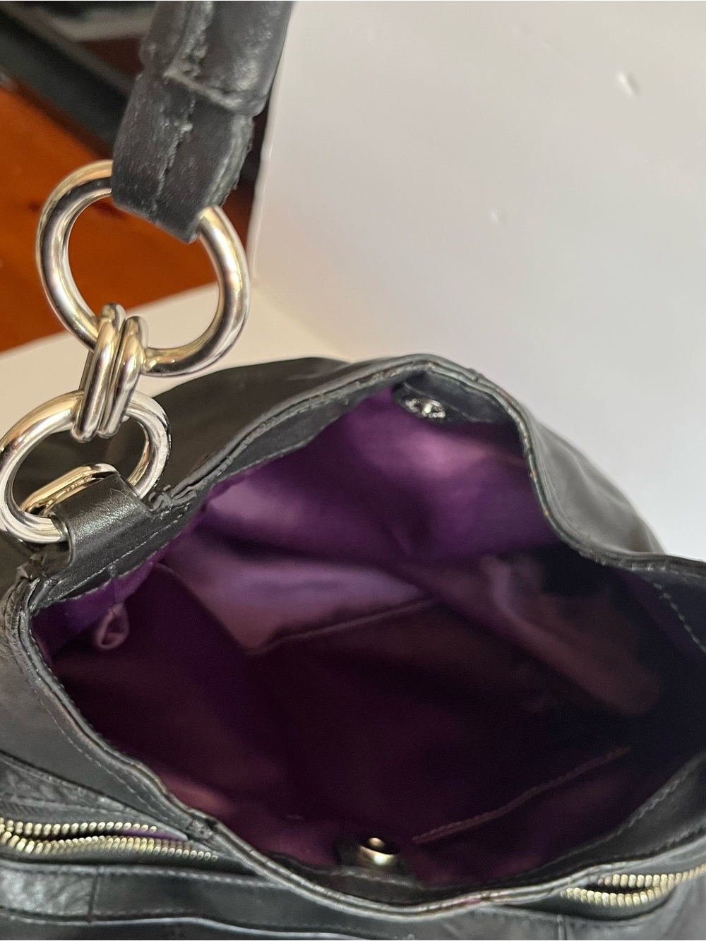 Coach Black Large Maddie Leather Shoulder Bag 3 Signature Charms Purple Satin - Picture 9 of 12